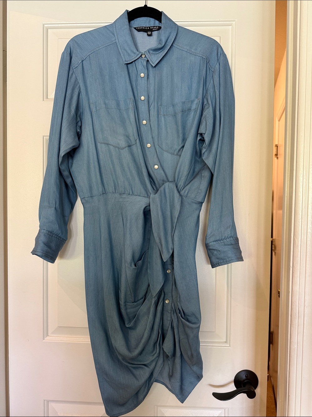 Veronica Beard Sky Blue Long-Sleeve Button Tie-Waist Shirt Dress